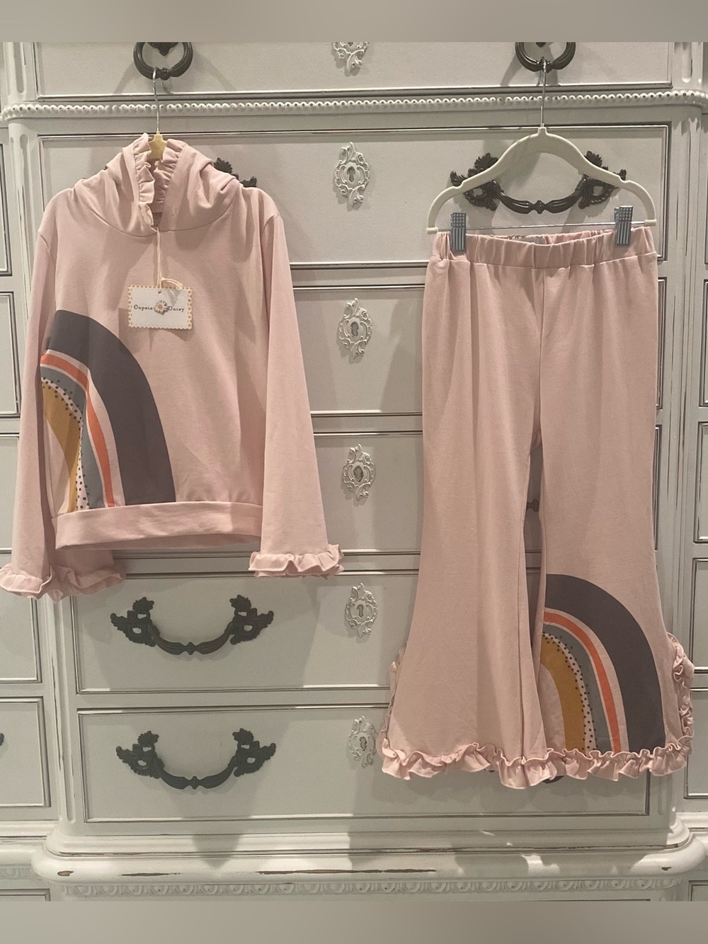 NEW Girls Pink Rainbow Ruffle Hoodie & Matching Pants